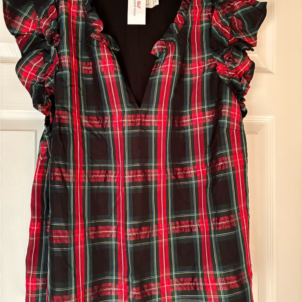 Vineyard Vines NWT 2X Tartan Ruffle Sleeve Top
